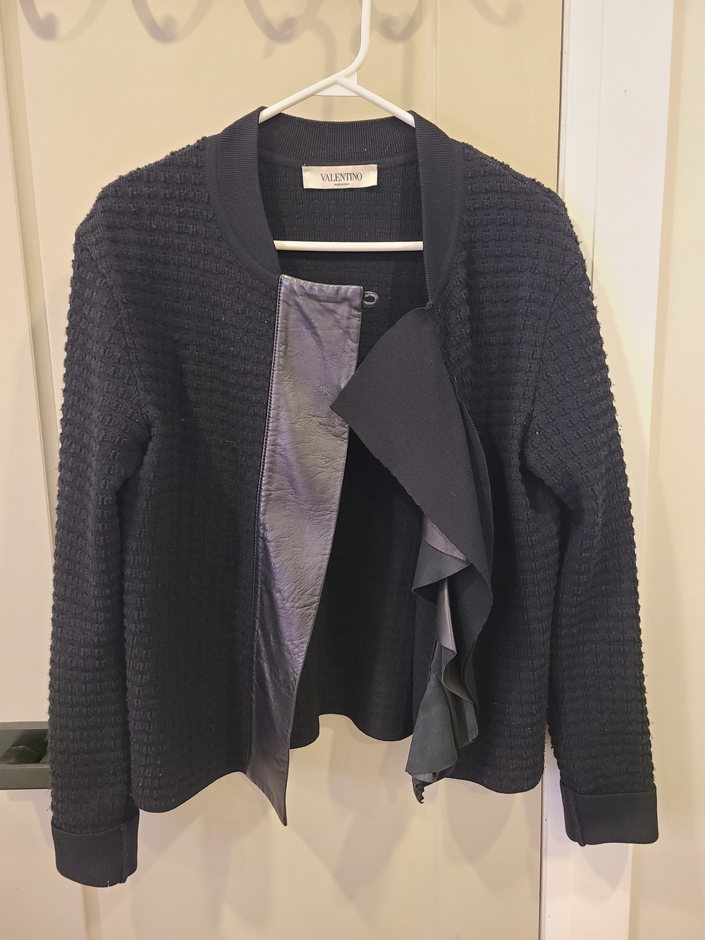 Valentino fall Jacket Black Textured Knit Ruffle-Front leather trim
